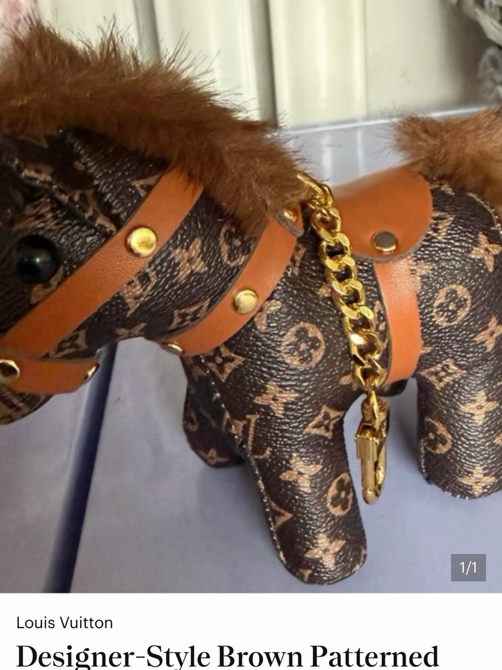 Louis Vuitton Brown Monogram Leather Dog Charm with Gold Chain
